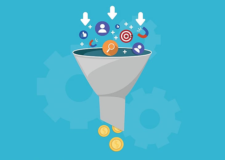 A custom illustration of a funnel with sales and lead generation concept icons.