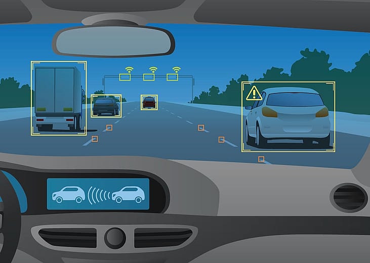 A vector illustration of a vehicle head up display (HUD) that project key driving data into line of sight on the windshield.