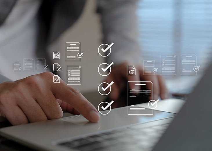 A conceptual image of a businessperson navigating an automated invoice system.