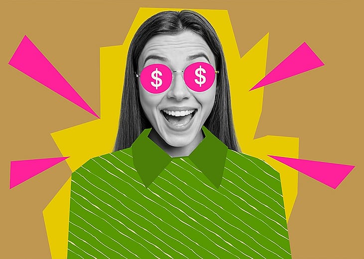 A 3D collage poster showing an excited young adult with her dollar sign sunglasses in a vibrant background.