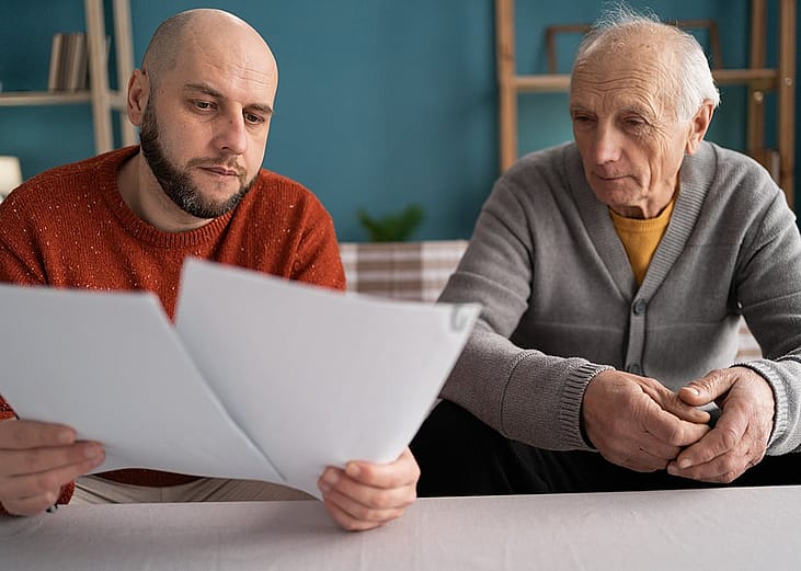 A senior father with his adult son reviewing documents at home.