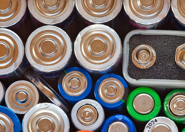 A close-up view of mixed-shaped household batteries.