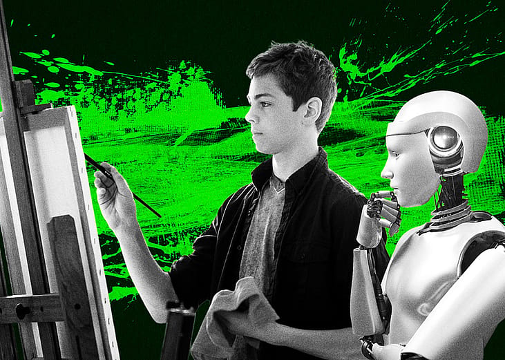 A collage graphic showing a student painting on a canvas and a robot figure looking at one side, representing human creativity and artificial intelligence.