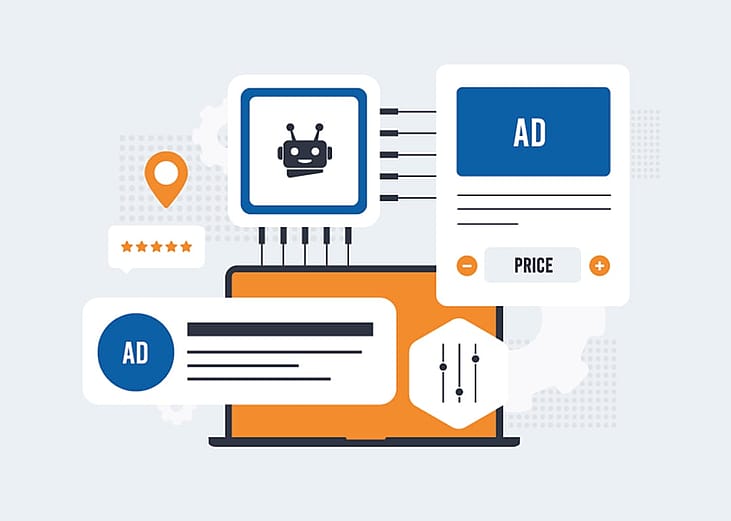 A digital illustration of an AI bot optimizing advertisements and brand campaigns with automation.