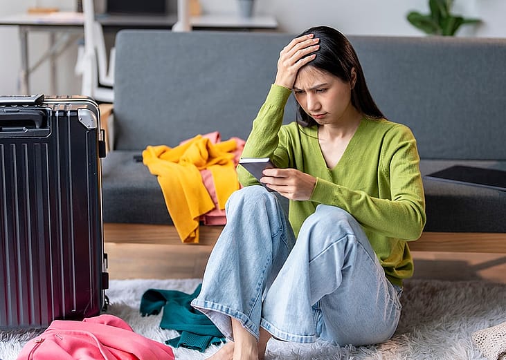 A stressed young woman sitting on the floor, holding their head while looking at a smartphone next to an open suitcase.