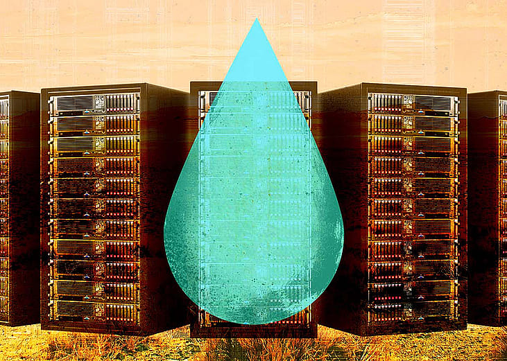 A collage graphic of a large water droplet overlaid on a row of data centers in a grassfield. 
