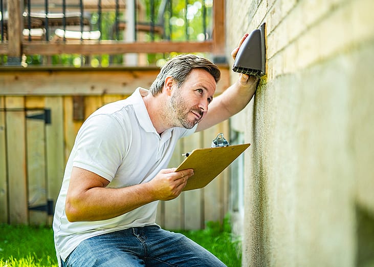 An engineer checking a dryer vent on a wall after a house renovation.