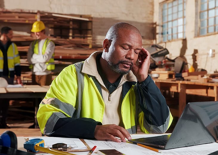 A middle-aged male worker experiencing headache while working on supply order.
