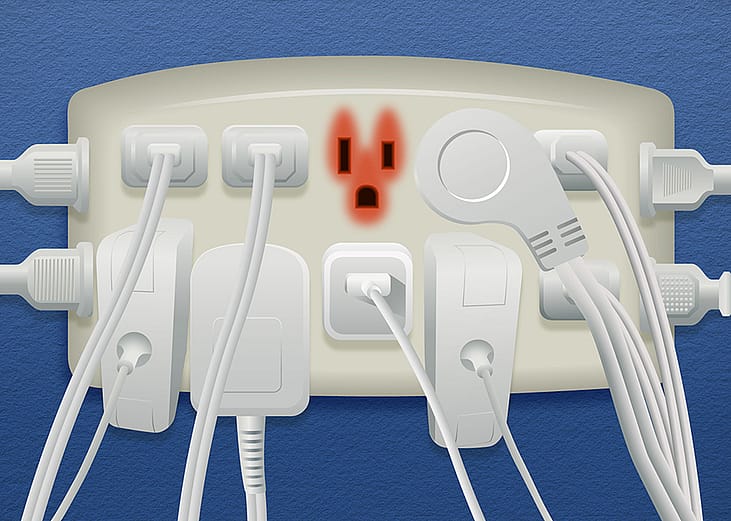 A digital illustration of an overloaded power strip plugged with different chargers and electrical cords and an overheating outlet in the center.