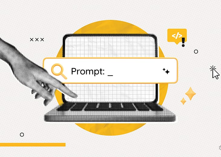 A digital graphic illustration that represents artificial intelligence and entering text prompts into an AI tool or search engine.