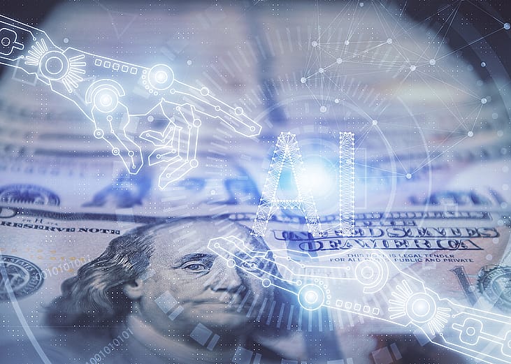A conceptual digital graphic combining AI overlay elements with US dollar bills.