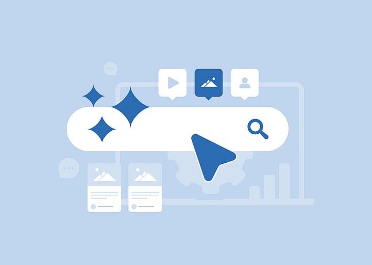 A custom vector illustration featuring elements of AI-driven content for SEO experience.