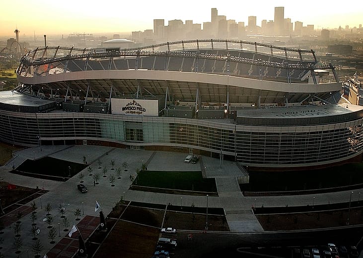 Aerial view of the new Mile High stadium with the Denver skyline in the background.