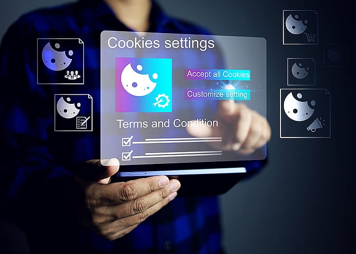 A concept graphic of a person navigating a browser's cooky policy.