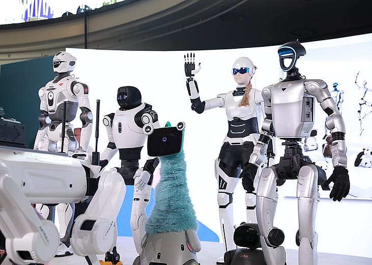 A group of companion robots on a stage.