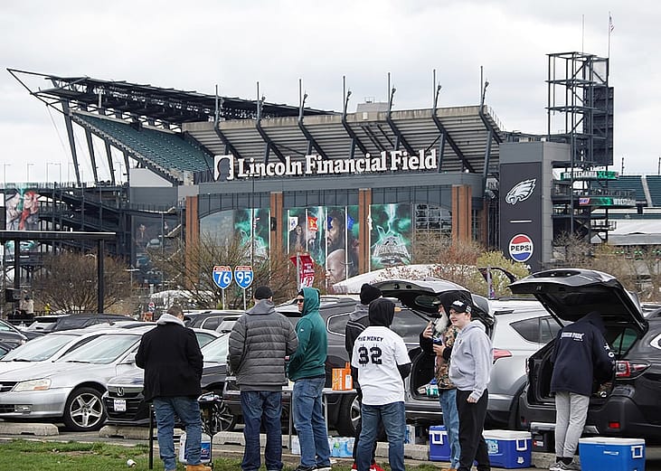 Football fans tailgating outside of Lincoln Financial Field in Philadelphia, Pennsylvania, USA.