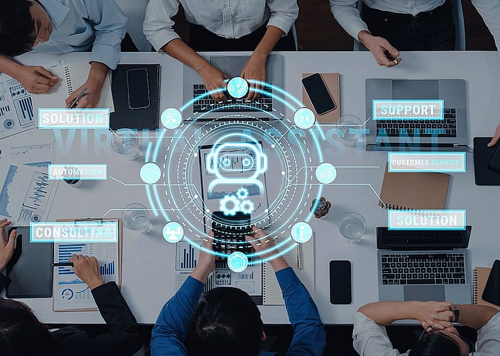 A conceptual graphic of a business meeting with a digital overlay representing automation.