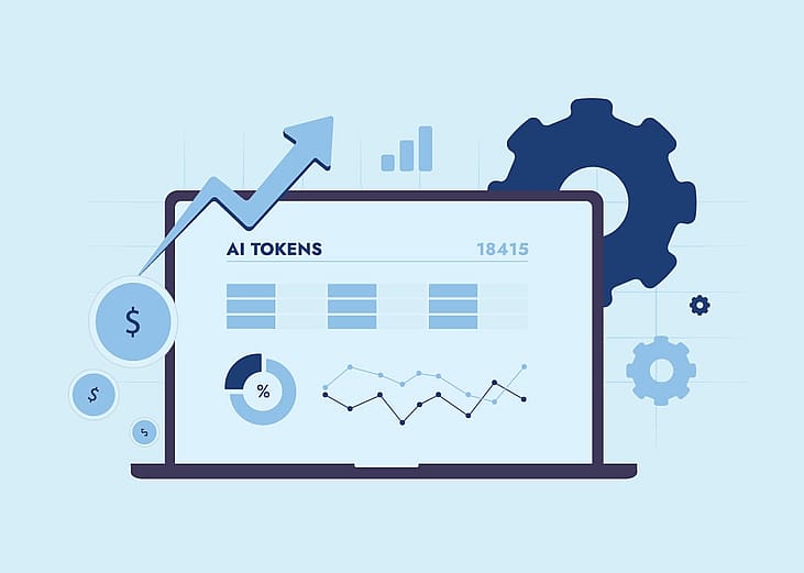 A vector illustration of the concept of AI token that tracks model consumption, spending and performance metrics.