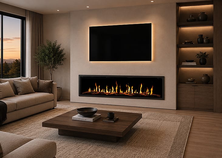 A modern living room with an electric fireplace.