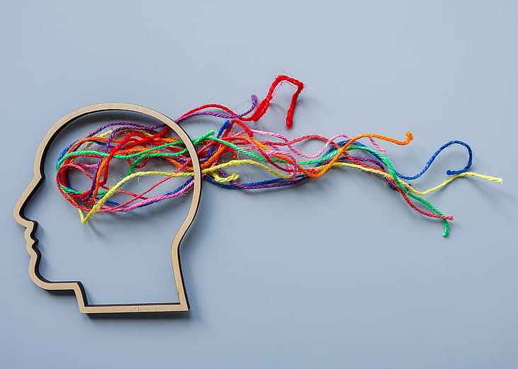 A conceptual photo featuring a head outline and tangled colored threads, representing neurodiversity.
