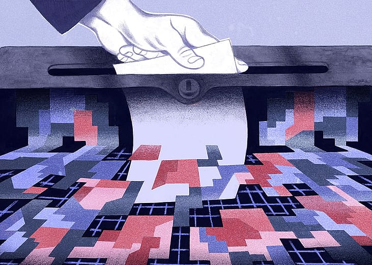 An editorial illustration showing a person's hand dropping a ballot to a ballot box with the paper transitioning to digital data entries.