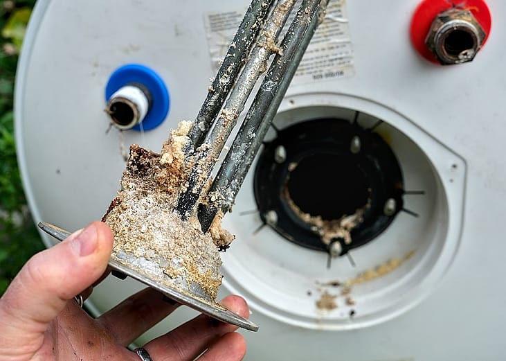 An electric water heater heating element covered in a thick crust of limescale and hard water minerals.
