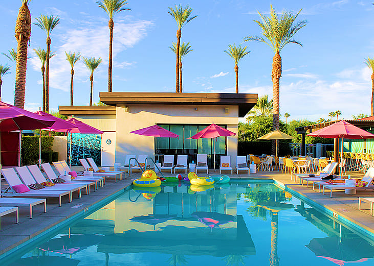 A view of the poolside in a luxury resort in Palm Springs, California.