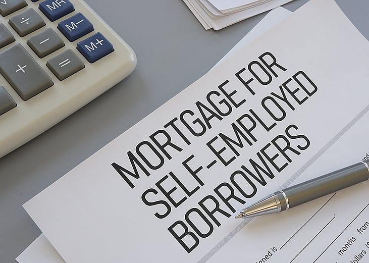 A document titled 'Mortgage for Self-Employed Borrowers' as a concept of financial application processing.