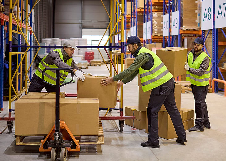 Workers in a warehouse load boxes in a pallet.