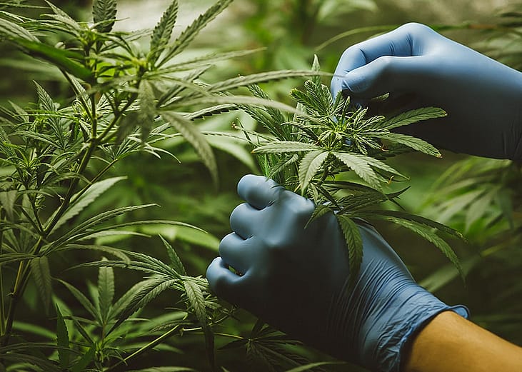 A researcher wearing nitrile gloves while holding cannabis plants in a greenhouse for medical research.