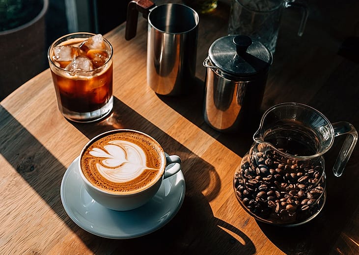 An assortment of artisan coffee drinks.