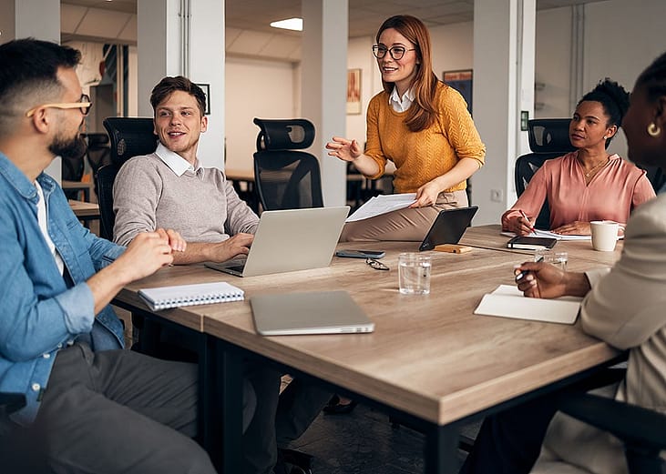 A business team brainstorming during a meeting.