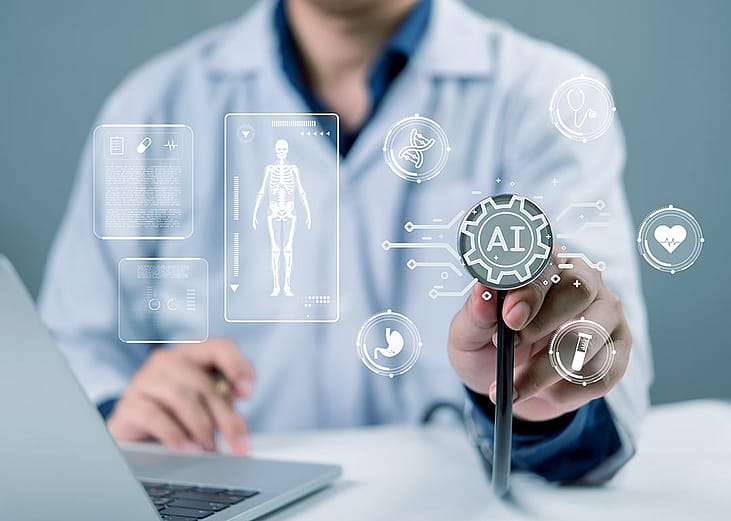 A conceptual graphic of a doctor using AI-powered technology in healthcare.