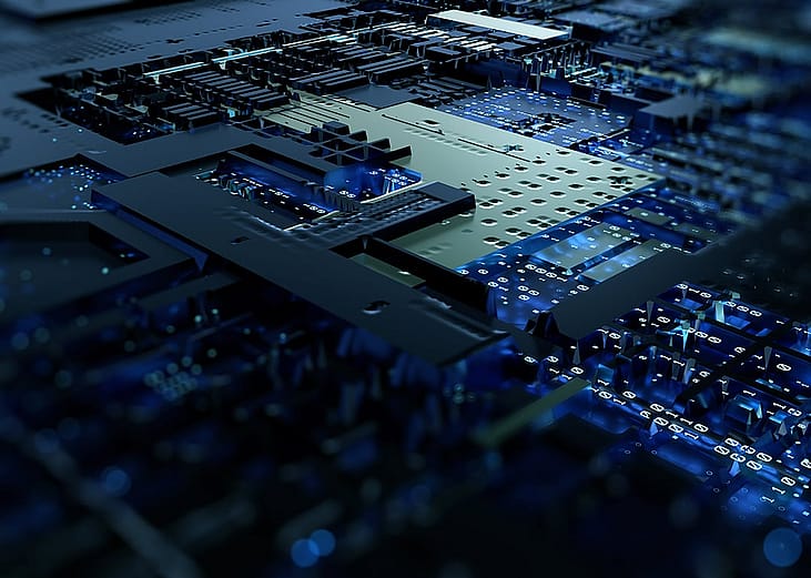 A 3D rendering of a circuit board for code processing.
