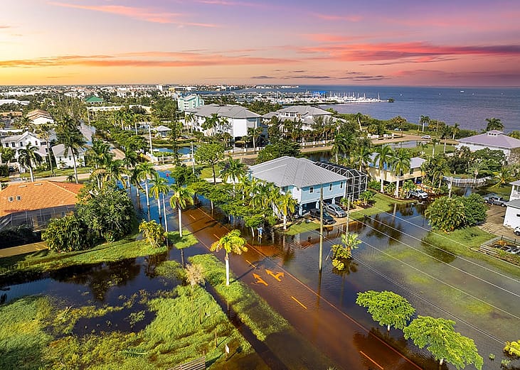 Residential houses flooded in a suburban community from the aftermath of Hurricane Milton in Punta Gorda, Florida, USA.
