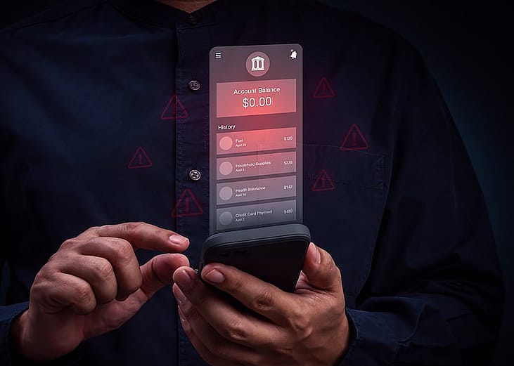 A man checking his empty bank account on a mobile app.