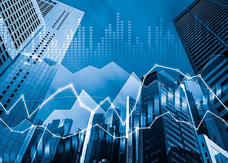 An illustration of skyscrapers with financial graphs and digital indicators overlay as a concept of finance and trading.