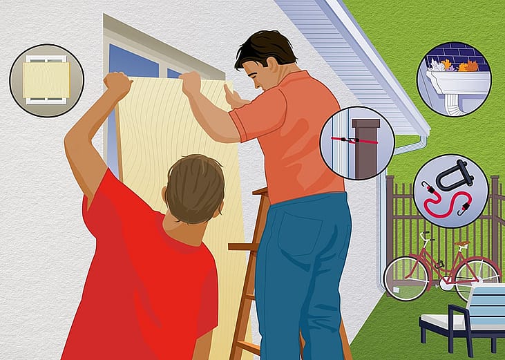 A custom illustration on how to cover windows with plywood to protect a home during a hurricane.