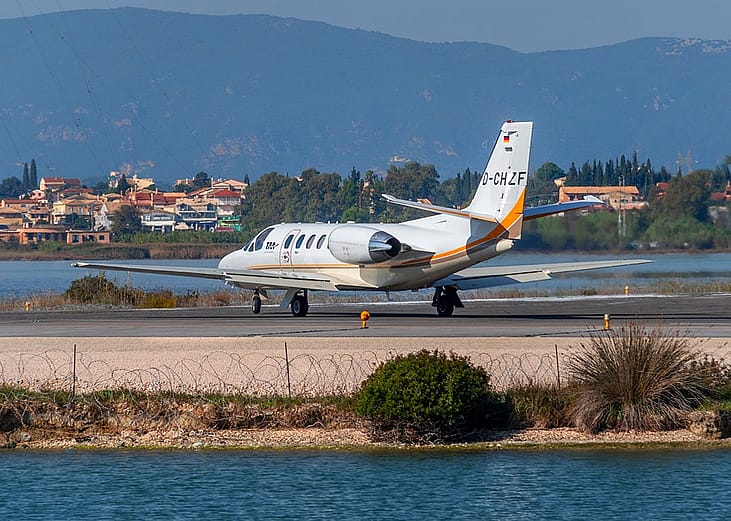 A private plane prepares for takeoff at Ioannis Kapodistrias Airport on the island of Corfu in Greece.
