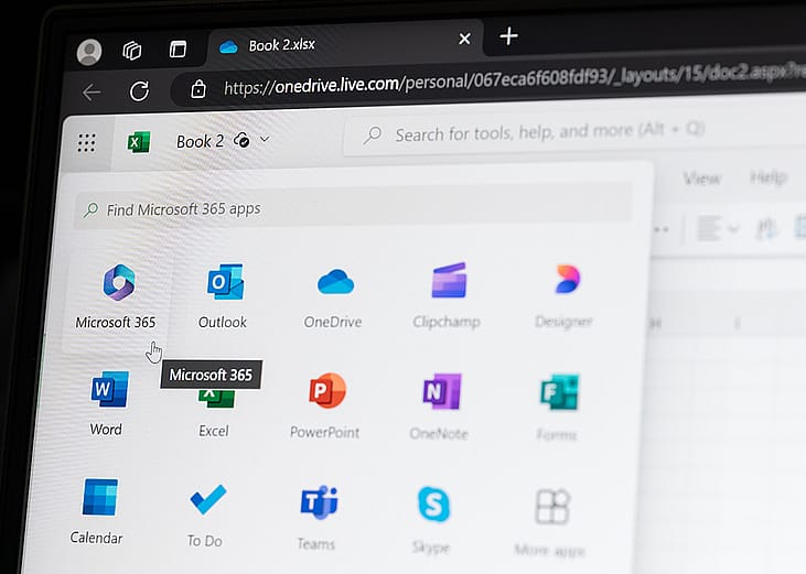 Close up view on Microsoft Office app icons.