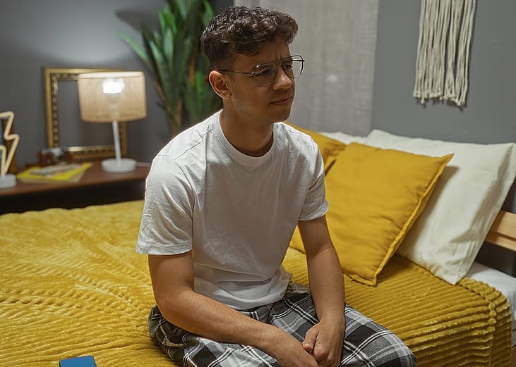A young adult sitting on a bed and quieting his mind before sleep.
