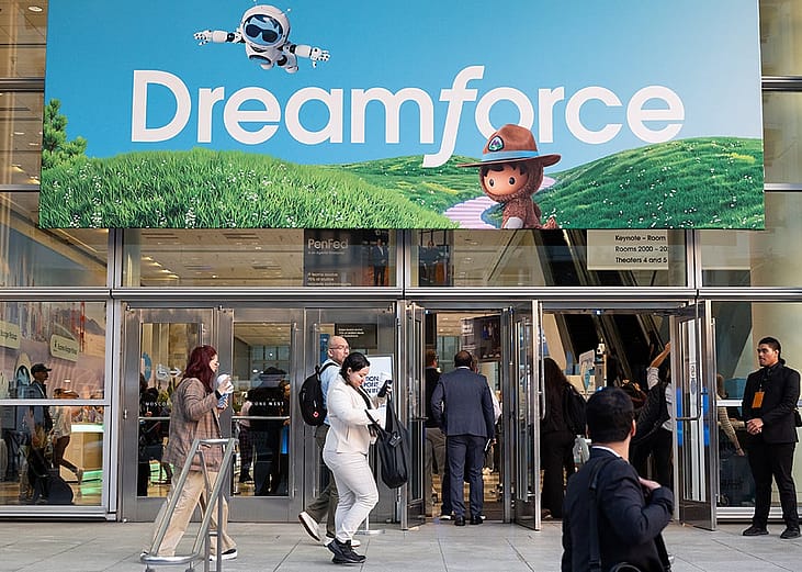 Attendees arrive at Salesforce's Dreamforce conference on September 15, 2026 in San Francisco, California.