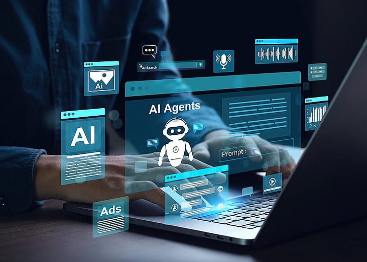 A businessman using a laptop with futuristic software as a concept of navigating a role with agentic AI.
