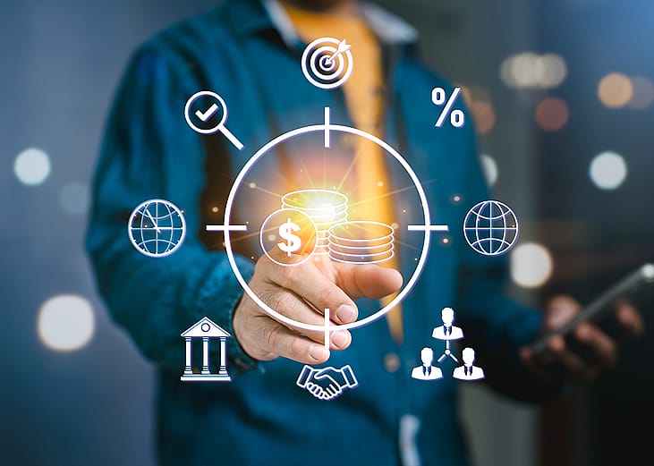 A concept graphic showing a businessman navigating finance software and apps.