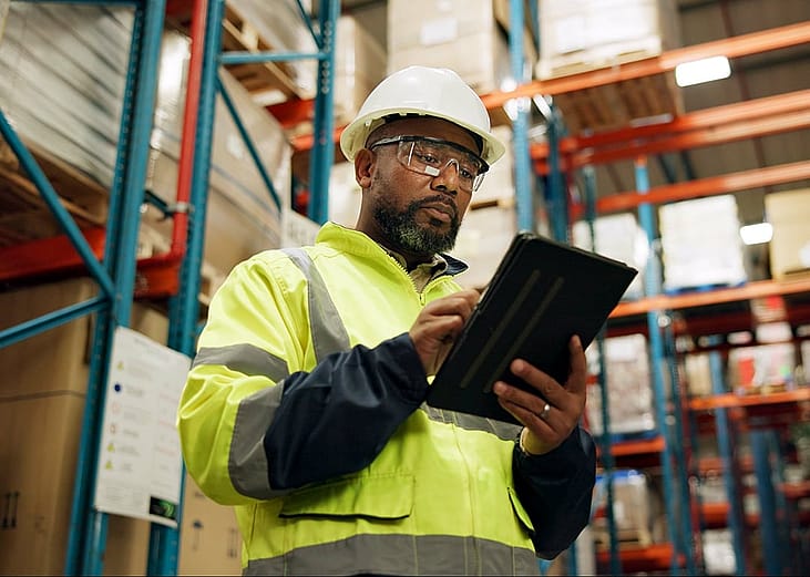 A manufacturing officer checking inventory through a logistics app from a tablet in a warehouse.