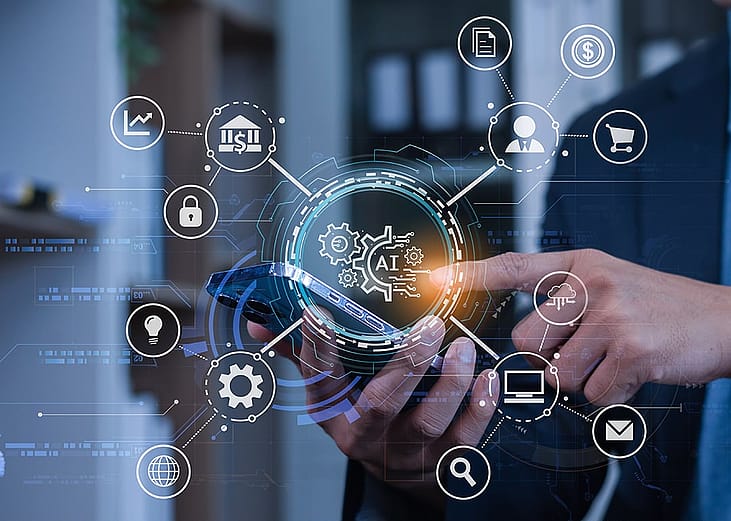 A concept graphic of digital transformation in business using AI.