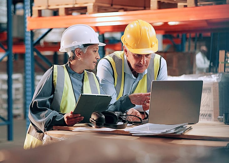 Inventory managers checking schedules for the shipment of large packages in a warehouse.