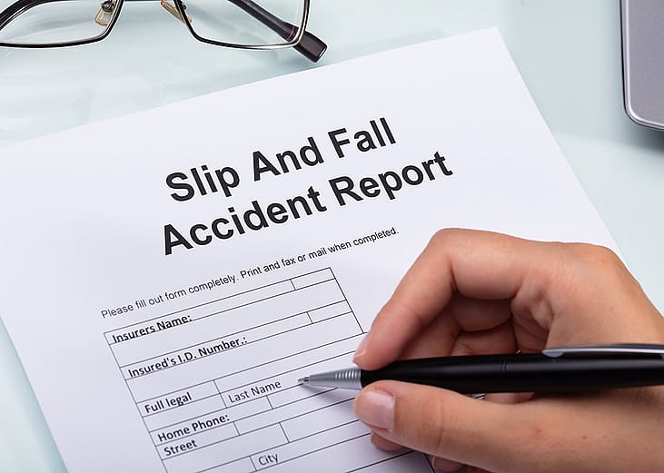 A person reviewing a slip and fall accident report form before filling in details.