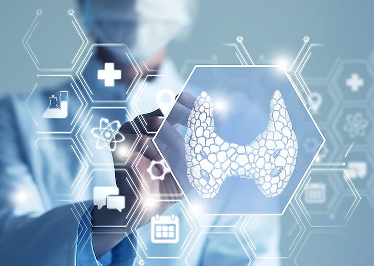 A medical graphic showing a doctor reviewing a patient's thyroid gland through a virtual interface.