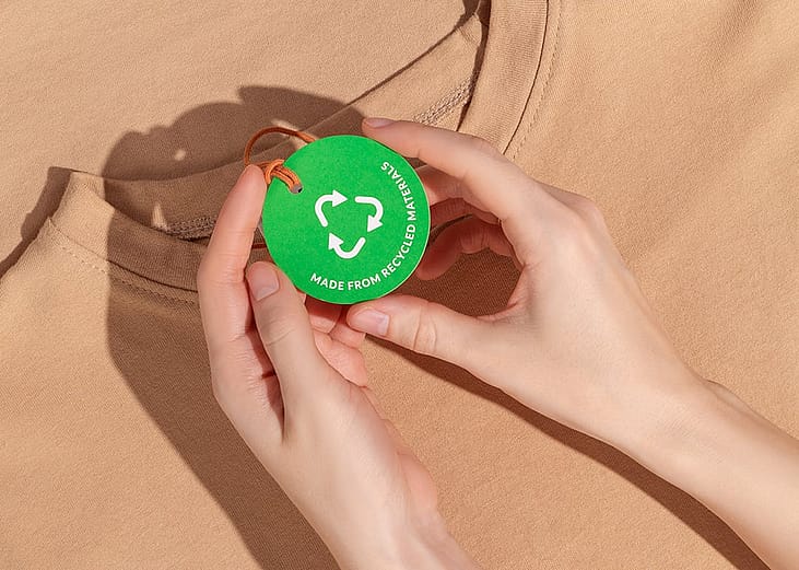A person's hands holding an ecology concept label of a shirt.